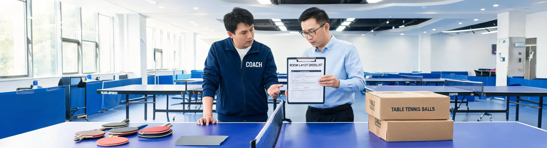 Coach setting a table tennis training room